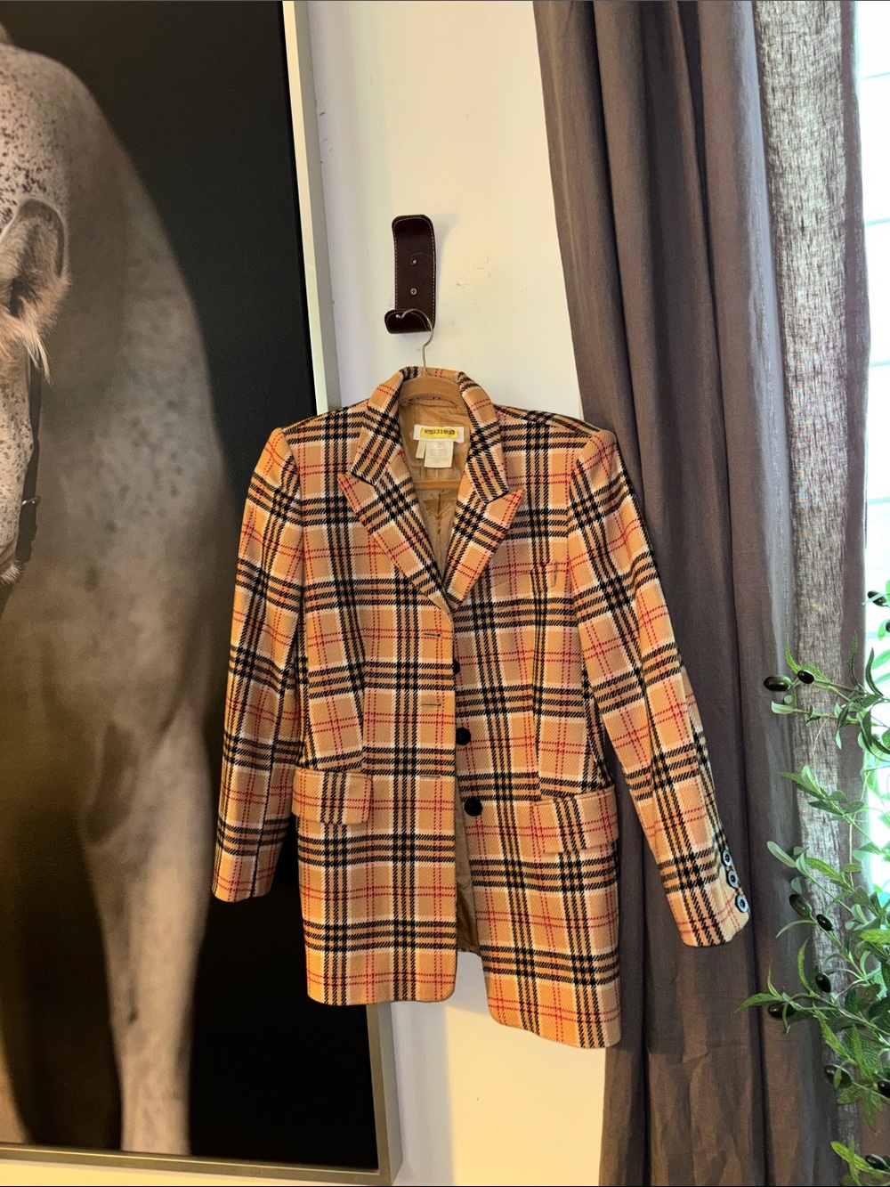 Escada Beige Plaid Blazer with Black & Red Windowpane